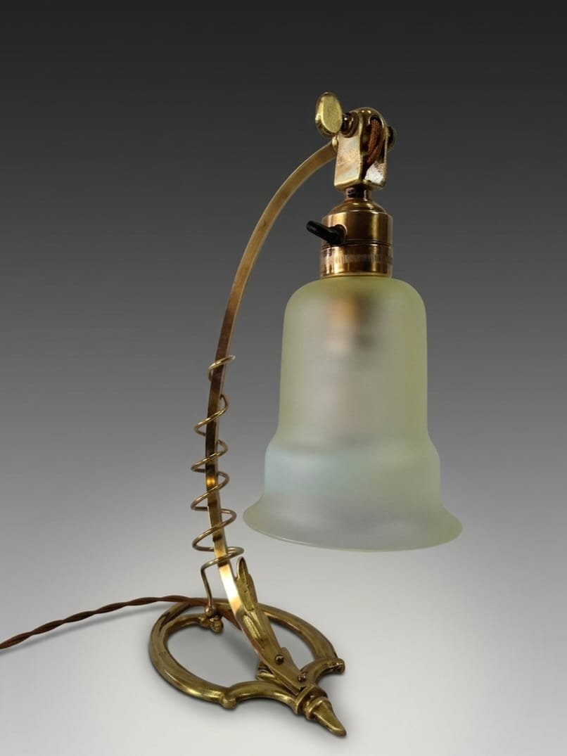 Arts & Crafts Lamp By W.a.s. Benson - Bronze, Opalescent Glassware, About 1900-photo-2