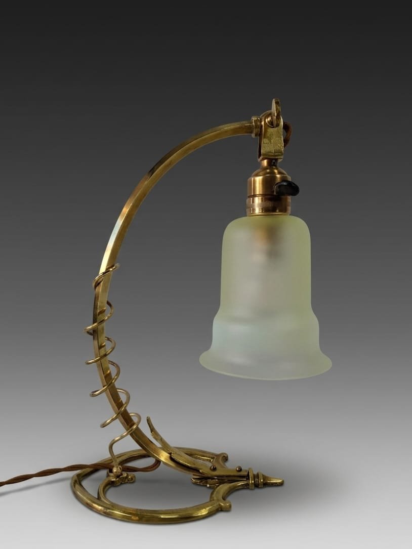 Arts & Crafts Lamp By W.a.s. Benson - Bronze, Opalescent Glassware, About 1900-photo-3