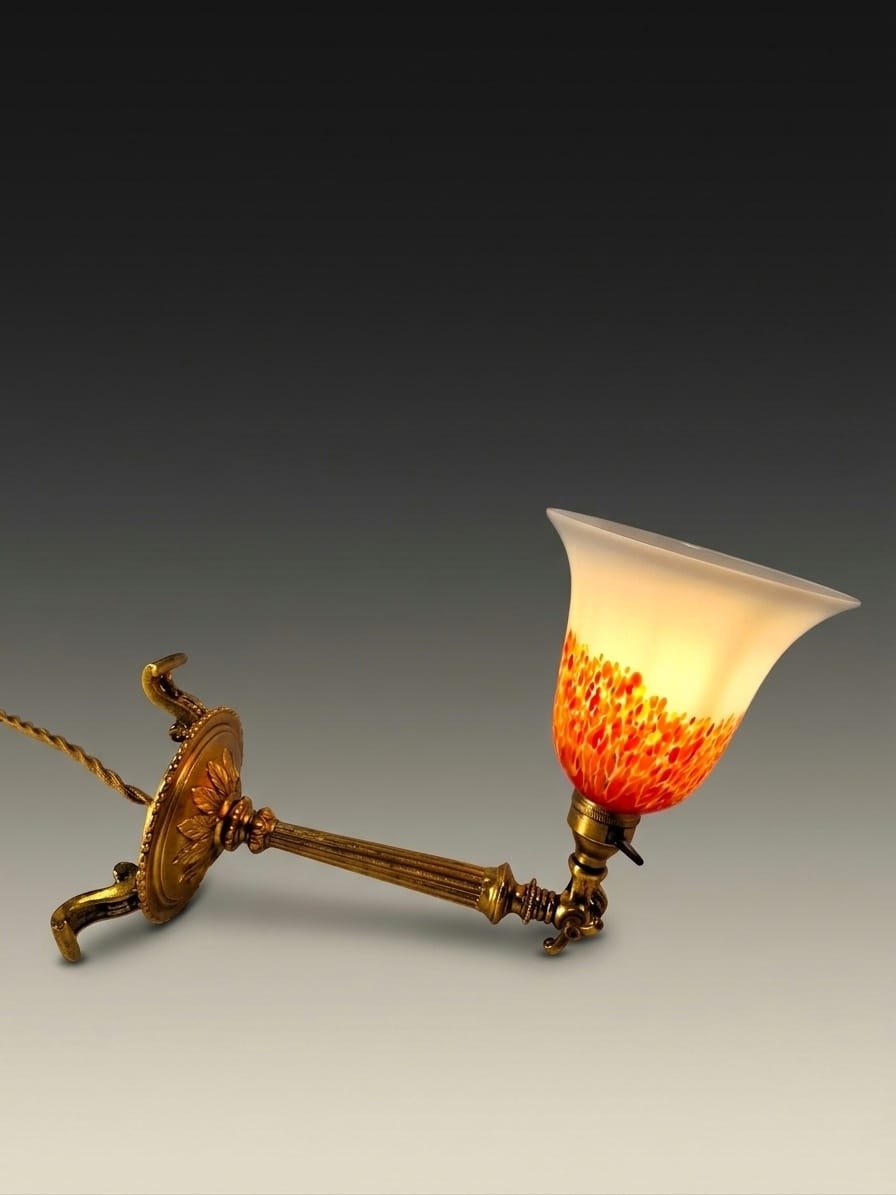 Lampe applique transformable bronze & tulipe en pâte de verre orangée et opalescente circa 1920-photo-2
