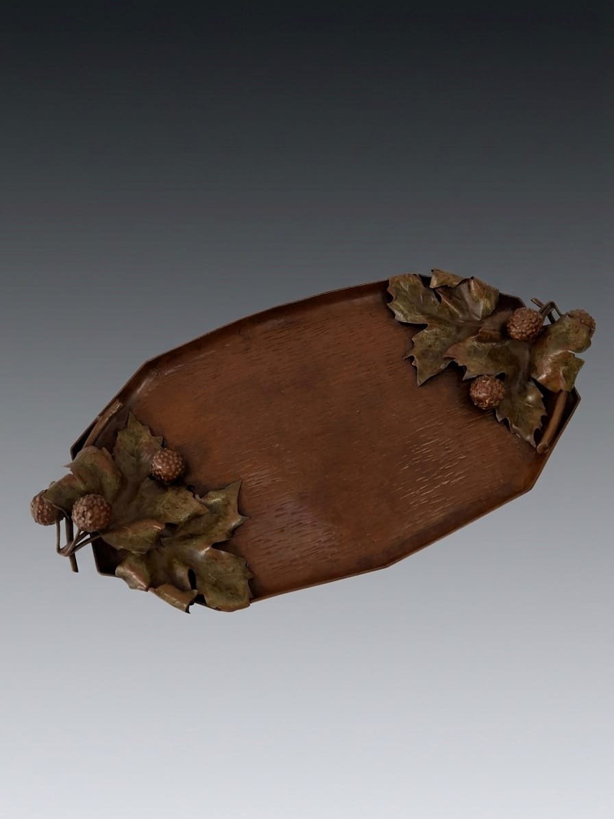 Forged Brass Tray Signed T. Demarcq - Plane Tree Leaves Decoration, Art Nouveau / Art Déco-photo-3
