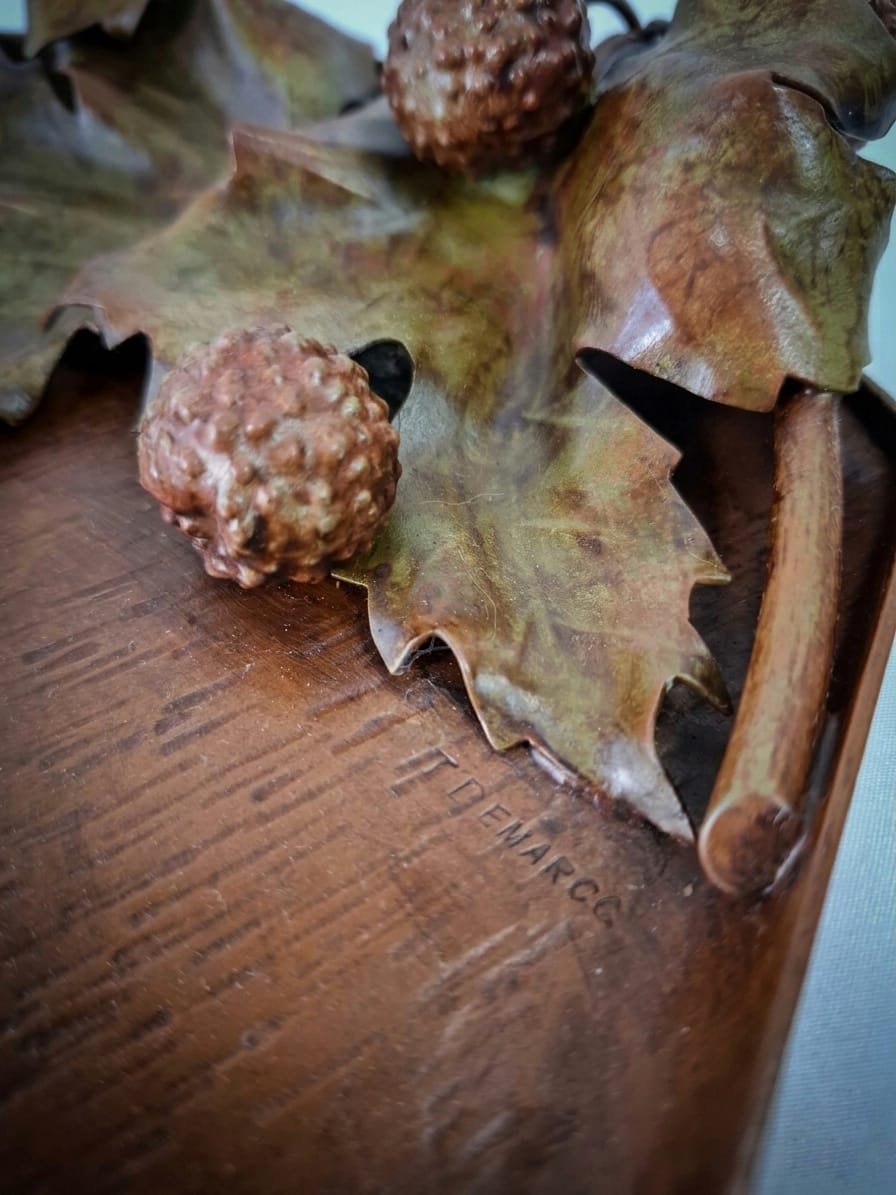 Forged Brass Tray Signed T. Demarcq - Plane Tree Leaves Decoration, Art Nouveau / Art Déco-photo-4