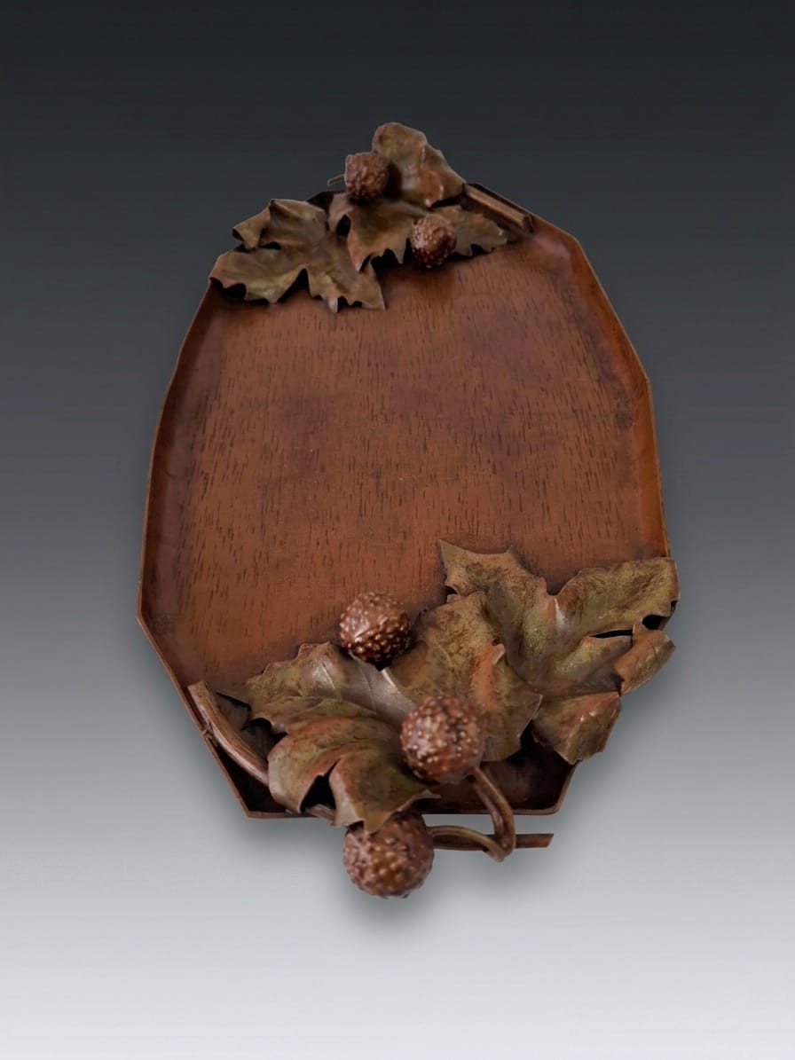 Forged Brass Tray Signed T. Demarcq - Plane Tree Leaves Decoration, Art Nouveau / Art Déco