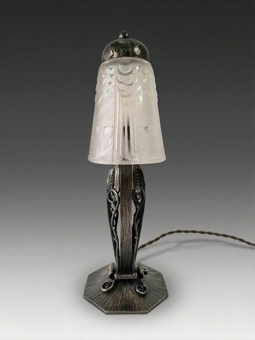 Art Deco Muller Frères Lunéville Nightlight - Patinated Wrought Iron, Molded & Pressed Glass-photo-2