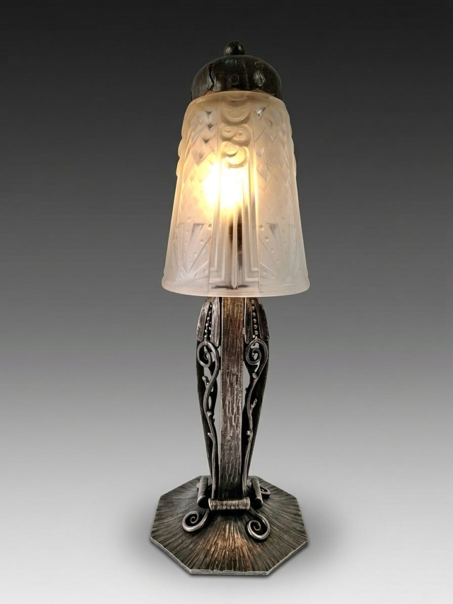 Art Deco Muller Frères Lunéville Nightlight - Patinated Wrought Iron, Molded & Pressed Glass