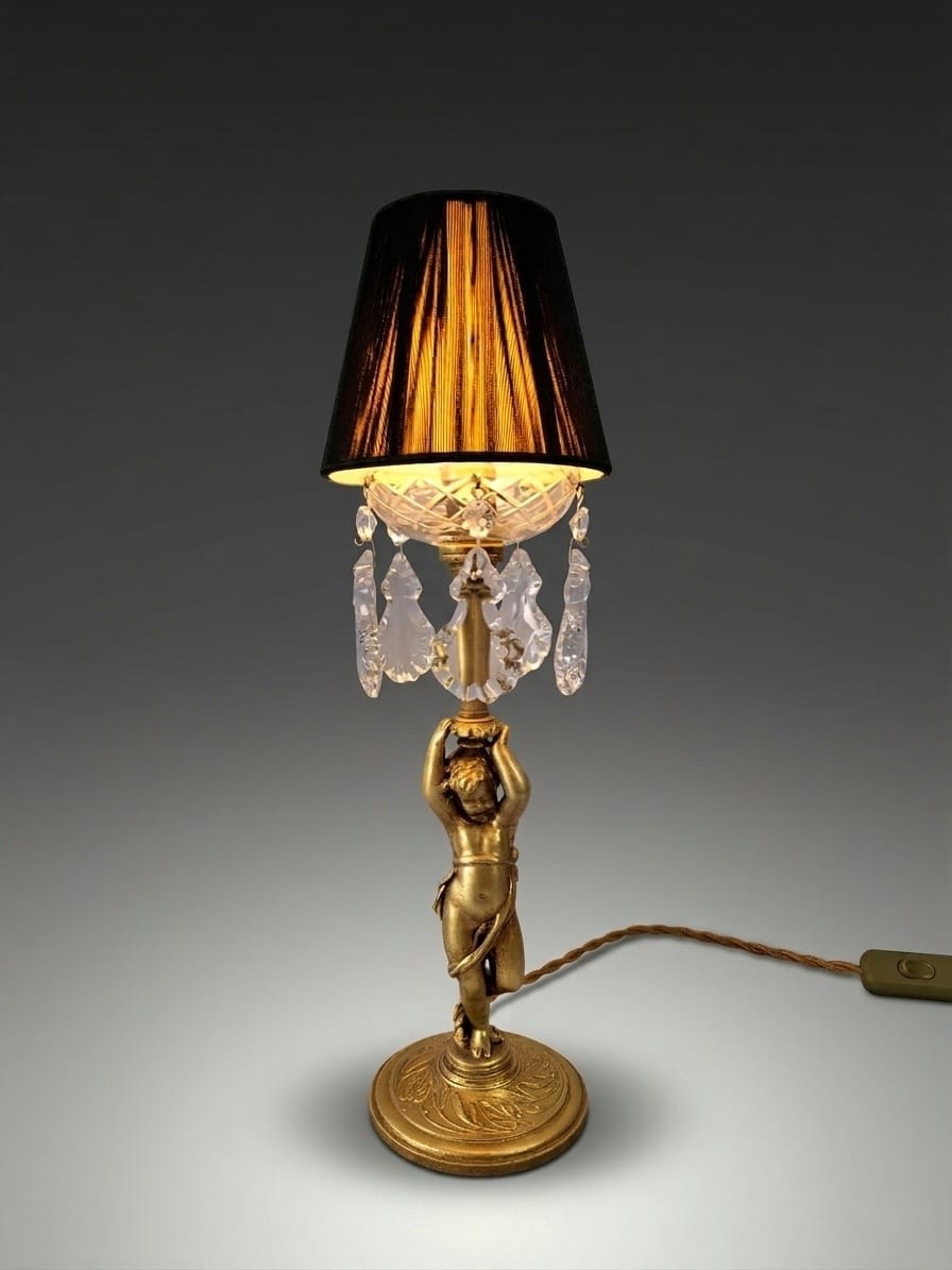 Bedside & Mood Lamp, Cherub (putto) In Gilded Regula, Crystal Pendants - 40's