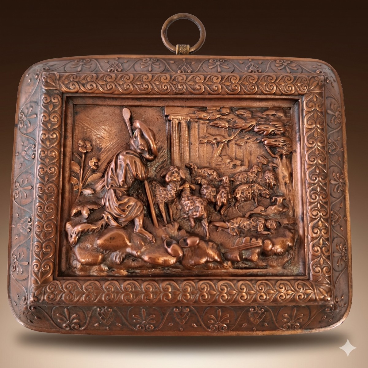 Bas-relief en cuivre repoussé d’époque Empire – “Le Loup devenu berger”, fable de La Fontaine
