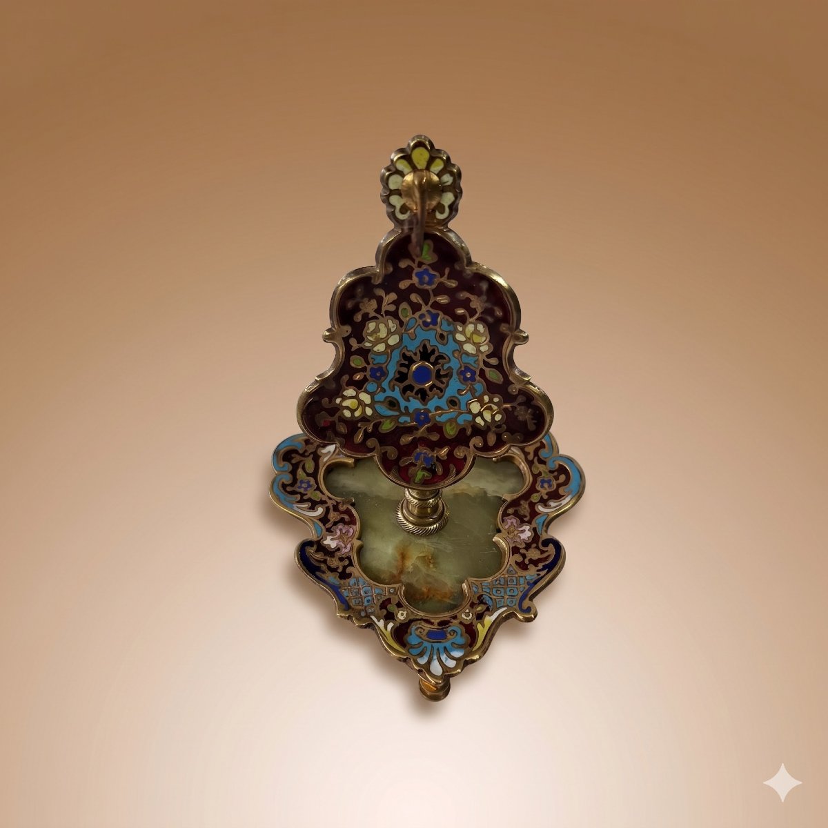 Porte-montre Napoléon III en bronze, émaux cloisonnés, décor en champ levé XIXème, onyx vert.-photo-2