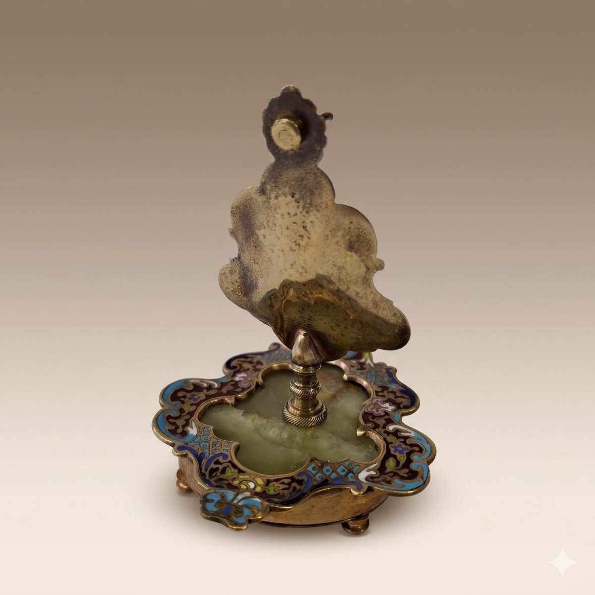 Porte-montre Napoléon III en bronze, émaux cloisonnés, décor en champ levé XIXème, onyx vert.-photo-3