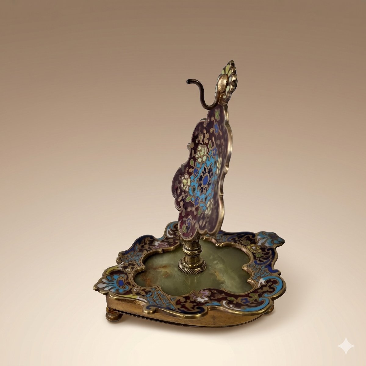 Porte-montre Napoléon III en bronze, émaux cloisonnés, décor en champ levé XIXème, onyx vert.-photo-4