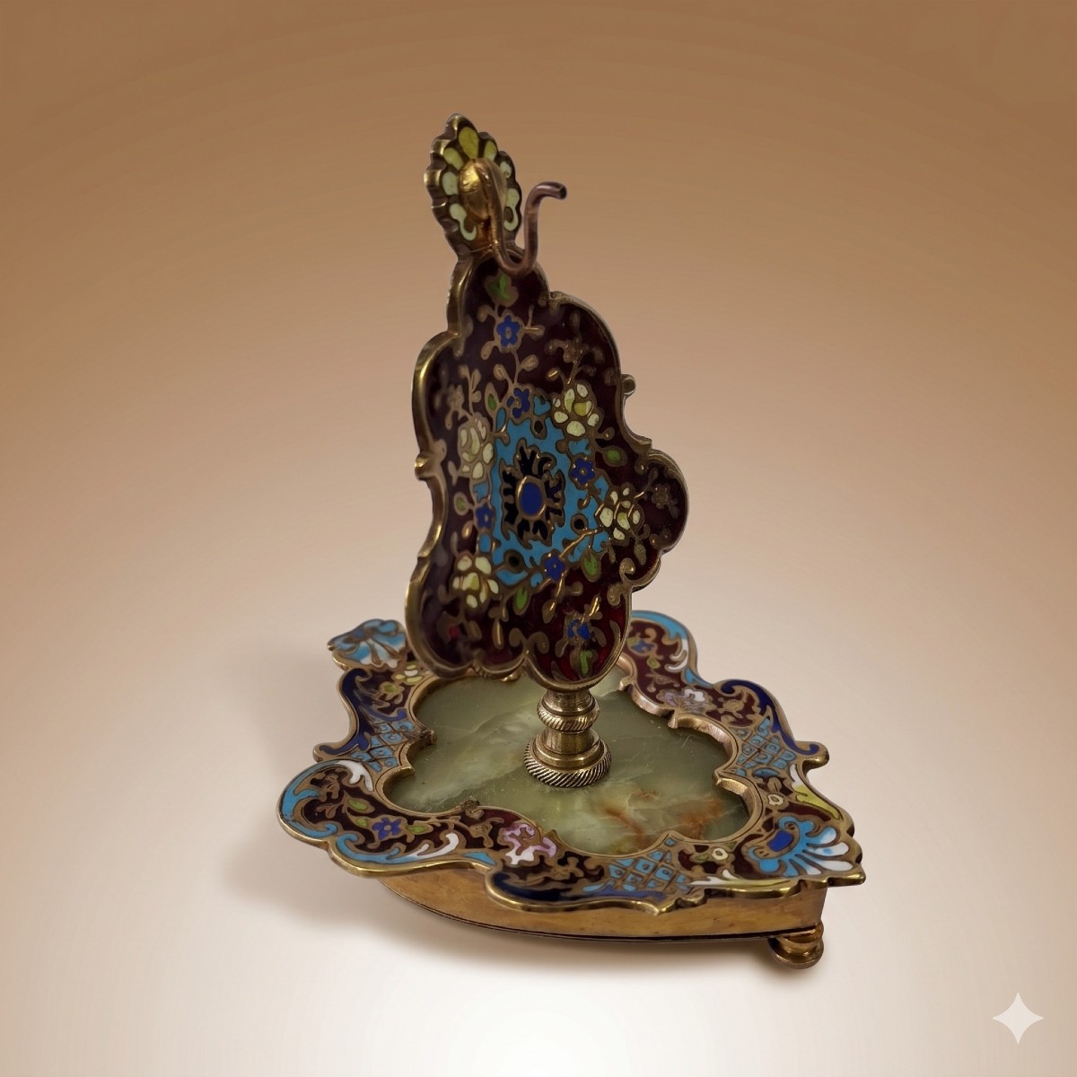 Porte-montre Napoléon III en bronze, émaux cloisonnés, décor en champ levé XIXème, onyx vert.-photo-1