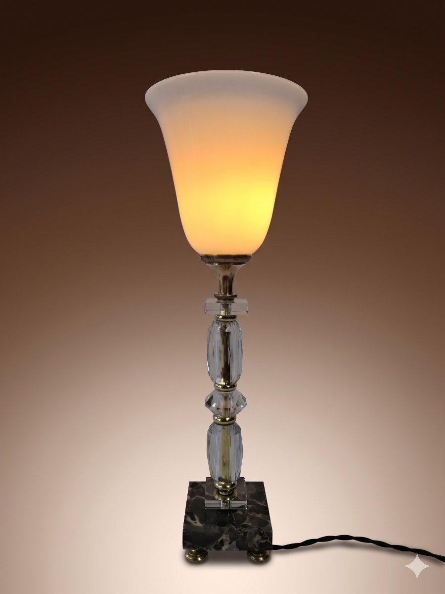 Paire De Lampes Art Déco Modernistes En Cristal Taillé Et Opaline Mazda – Dans Le Goût D’Adnet -photo-3