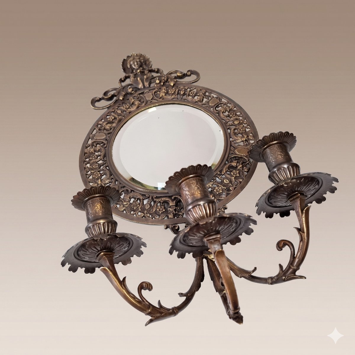 Pair Of Louis XIV Style Sconces In Patinated Bronze - Napoleon III Period, Beveled Mirrors-photo-2