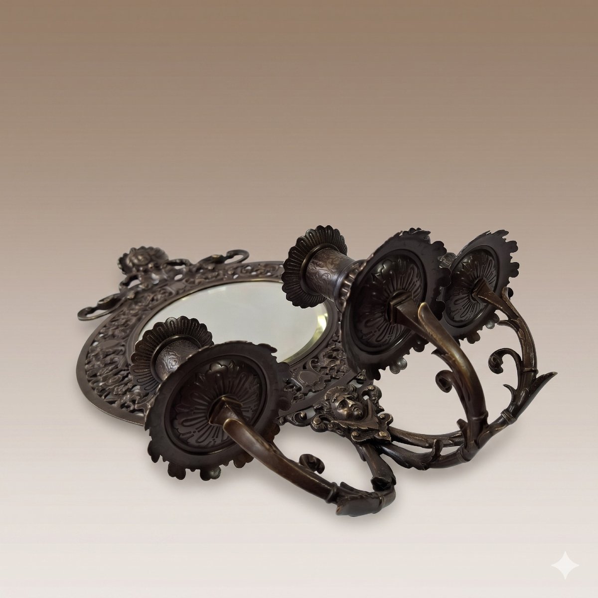 Pair Of Louis XIV Style Sconces In Patinated Bronze - Napoleon III Period, Beveled Mirrors-photo-3