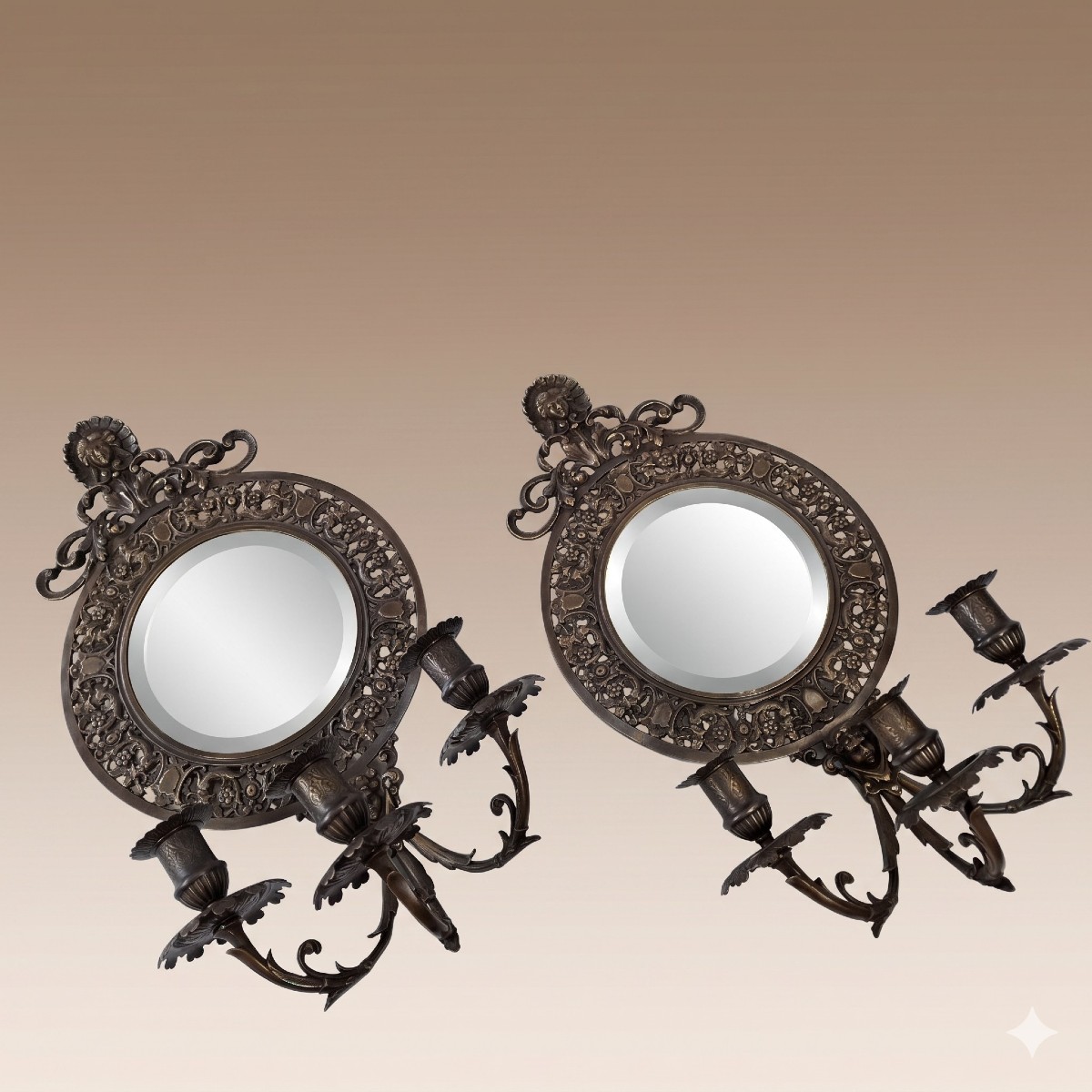 Pair Of Louis XIV Style Sconces In Patinated Bronze - Napoleon III Period, Beveled Mirrors