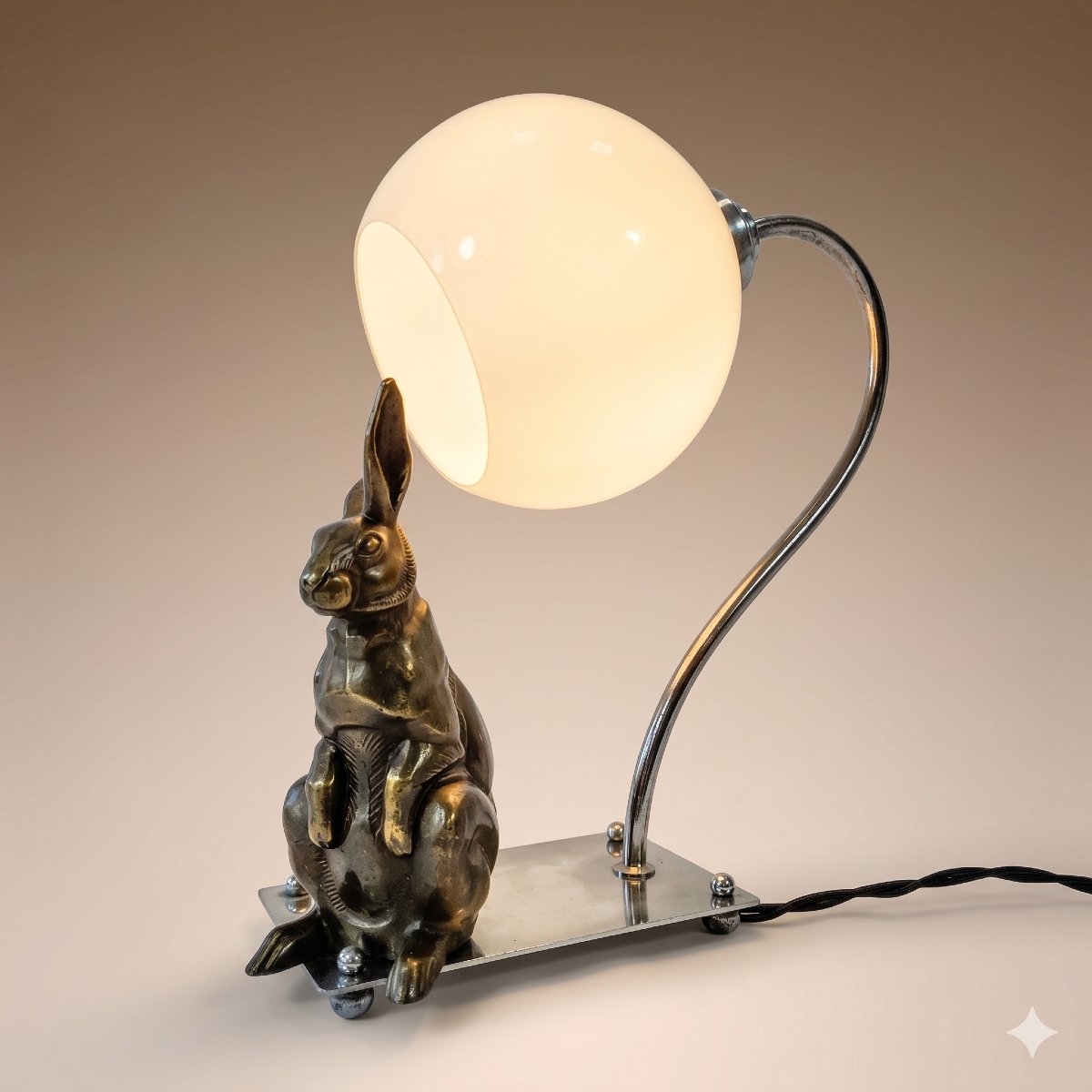 Lampe de table Art Déco lapin en régule, Transition moderniste, globe opalin et monture chromée-photo-2