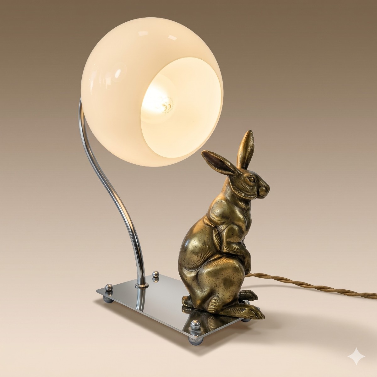 Lampe de table Art Déco lapin en régule, Transition moderniste, globe opalin et monture chromée