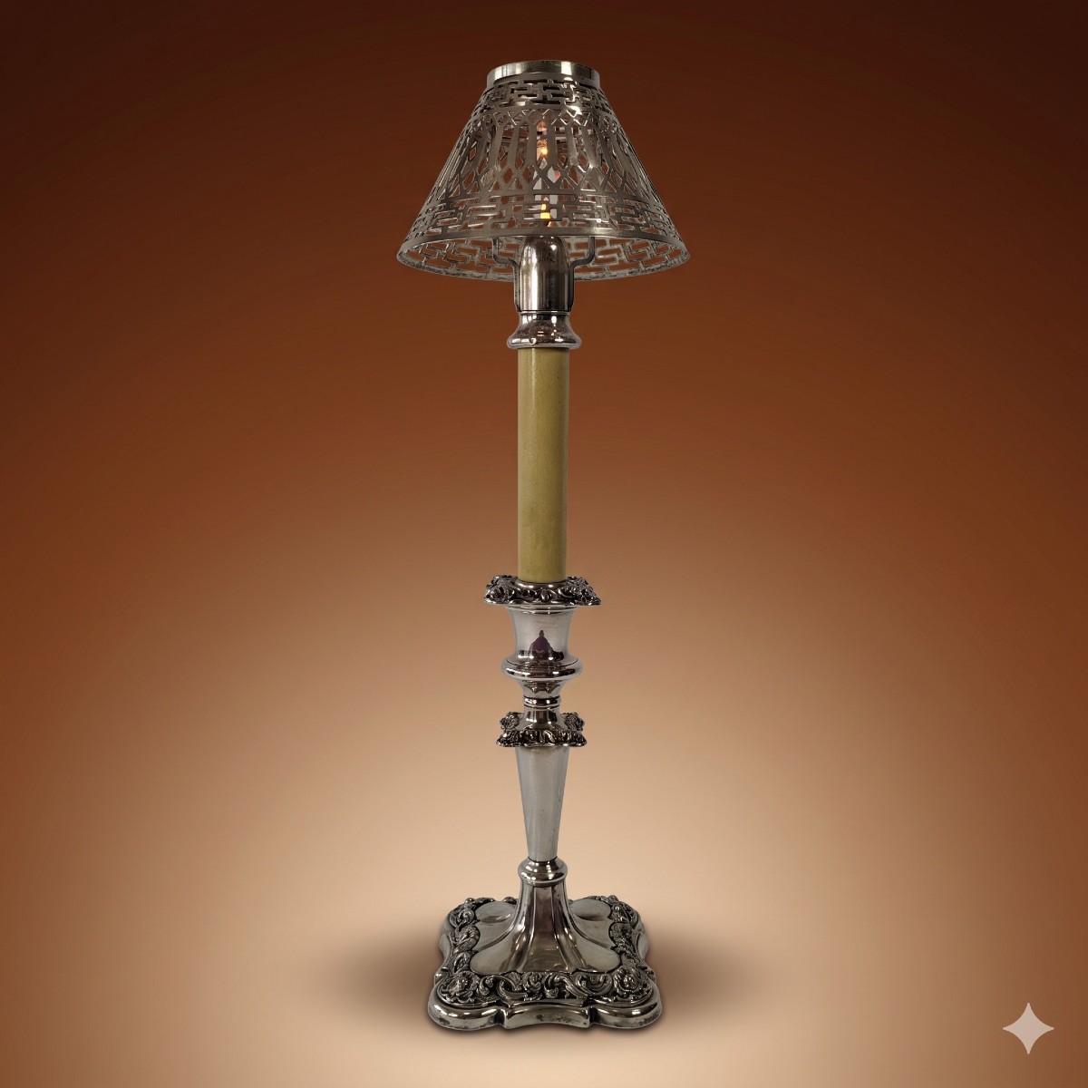 Gorham & Co Automatic Torch On Silver-plated Candlestick With Openwork Shade
