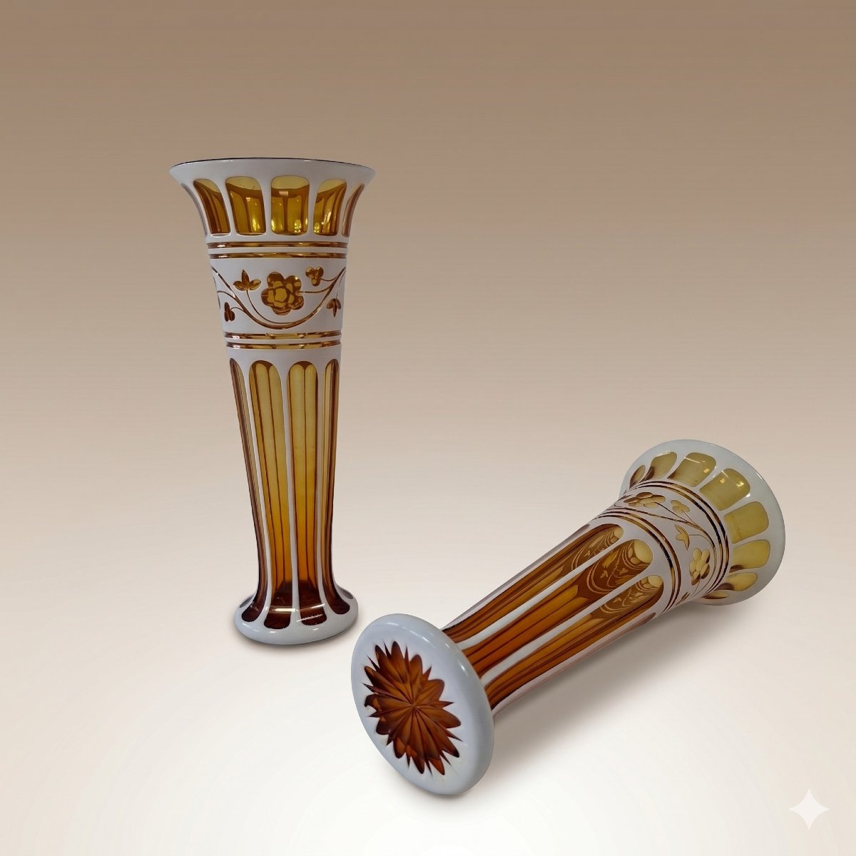 Pair Of Amber Bohemian Crystal Vases On White Opaline Ground - 19th Century-photo-2