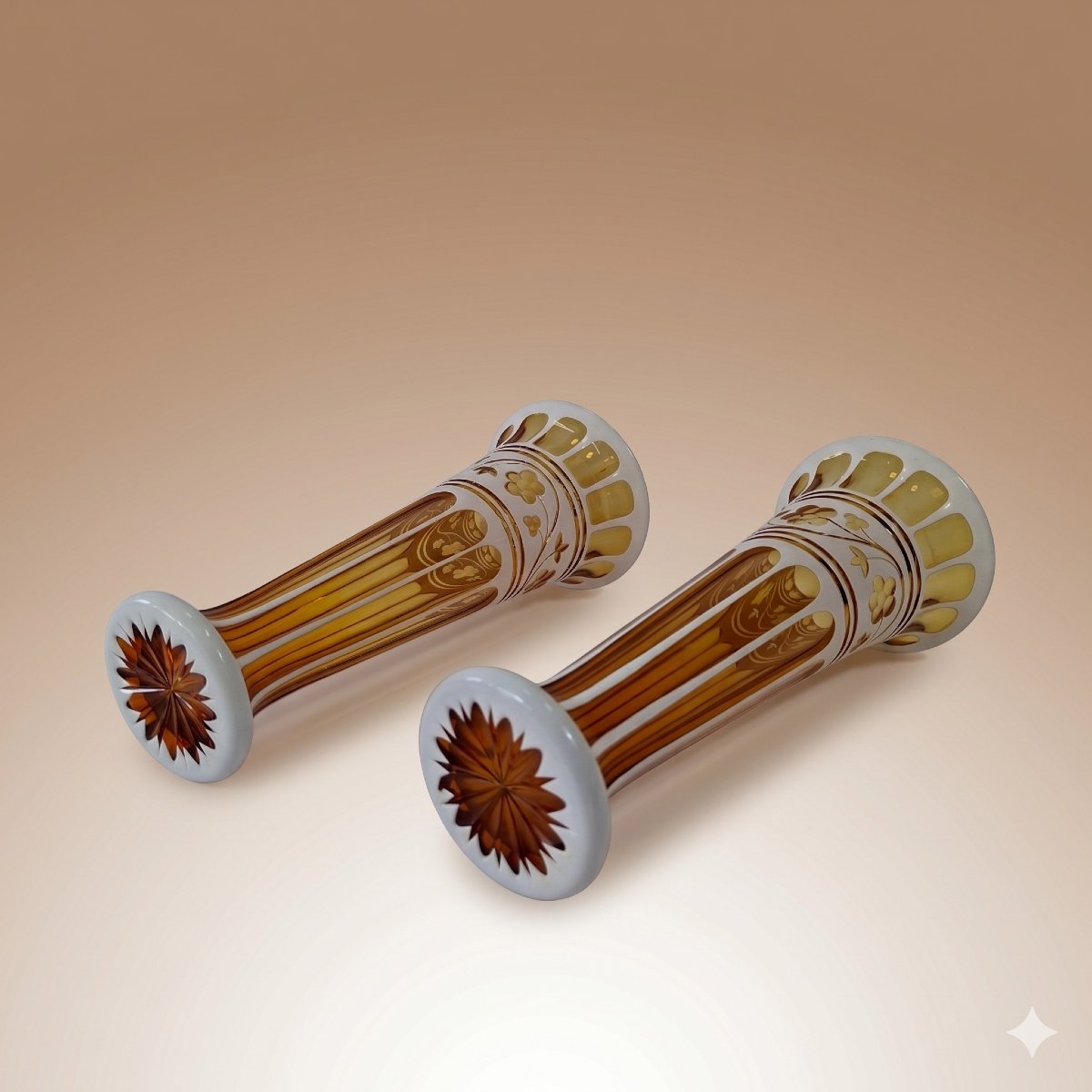 Pair Of Amber Bohemian Crystal Vases On White Opaline Ground - 19th Century-photo-3