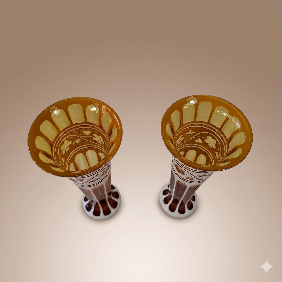 Pair Of Amber Bohemian Crystal Vases On White Opaline Ground - 19th Century-photo-4