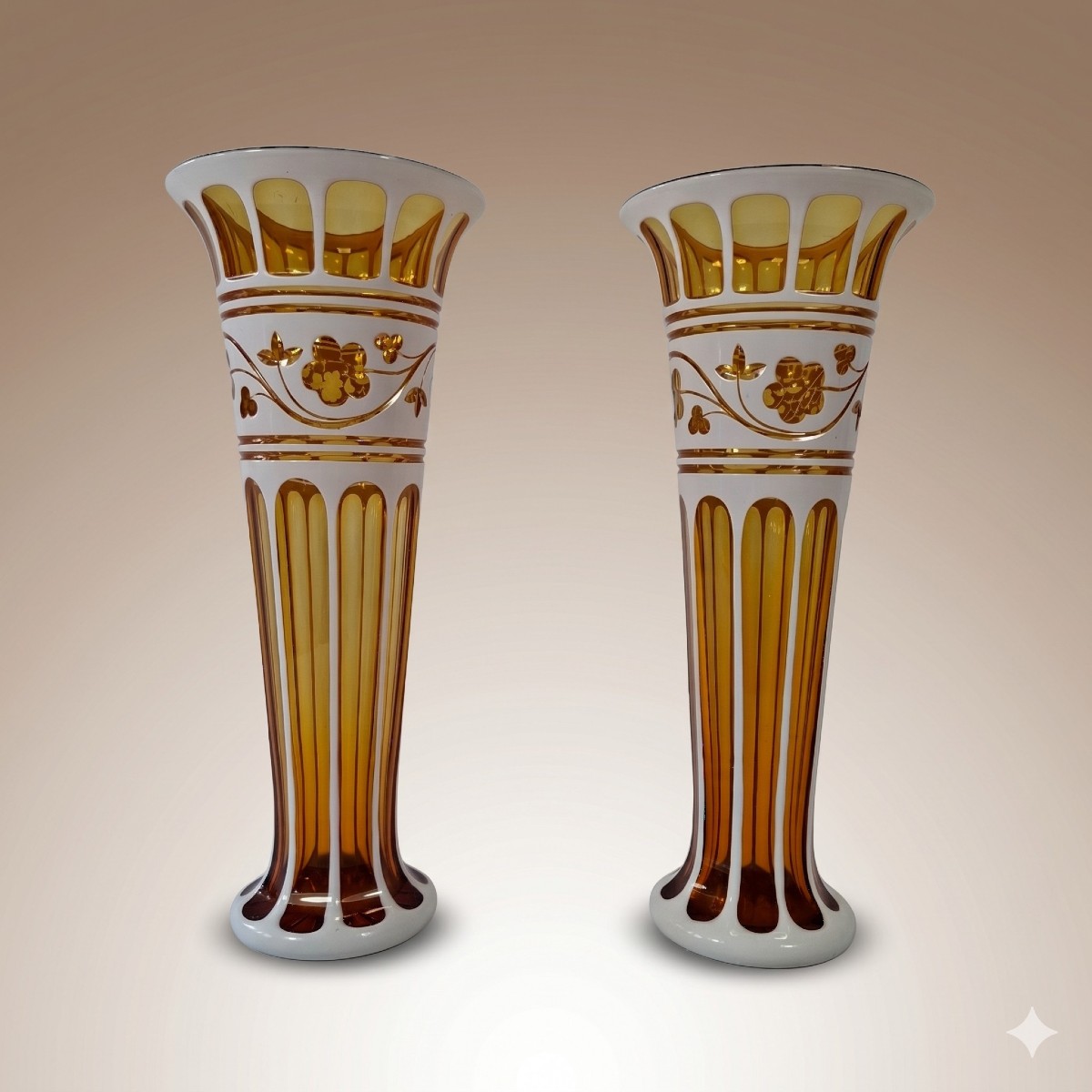 Pair Of Amber Bohemian Crystal Vases On White Opaline Ground - 19th Century