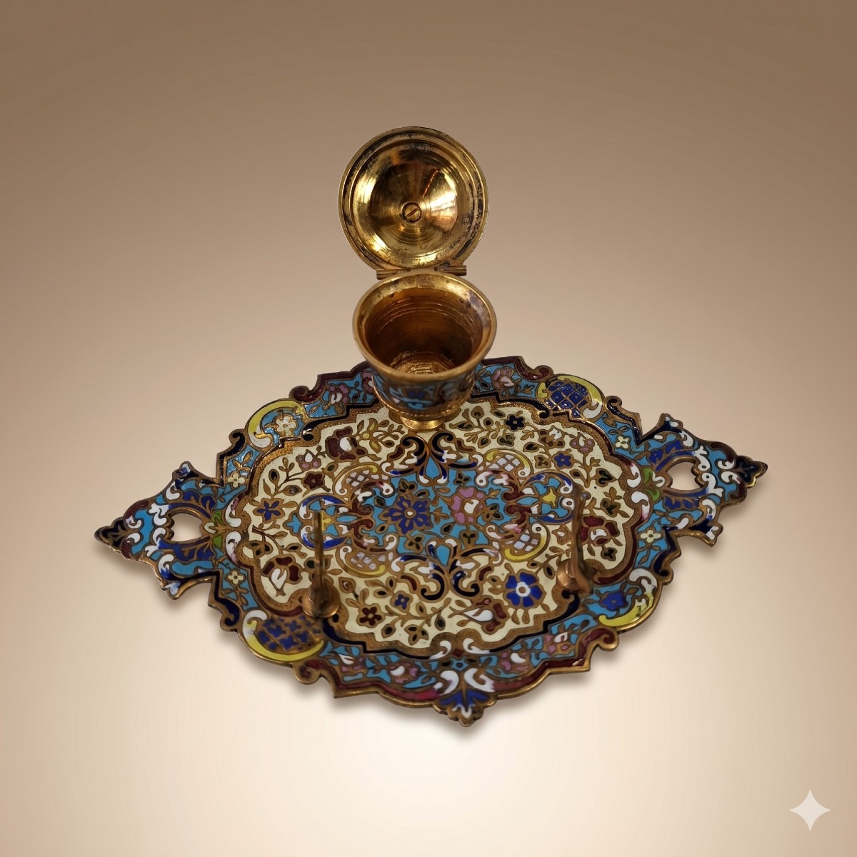 Encrier Porte-Plume Napoléon III En Émaux Cloisonnés, Champlevés – XIXe Siècle Bronze doré.-photo-2