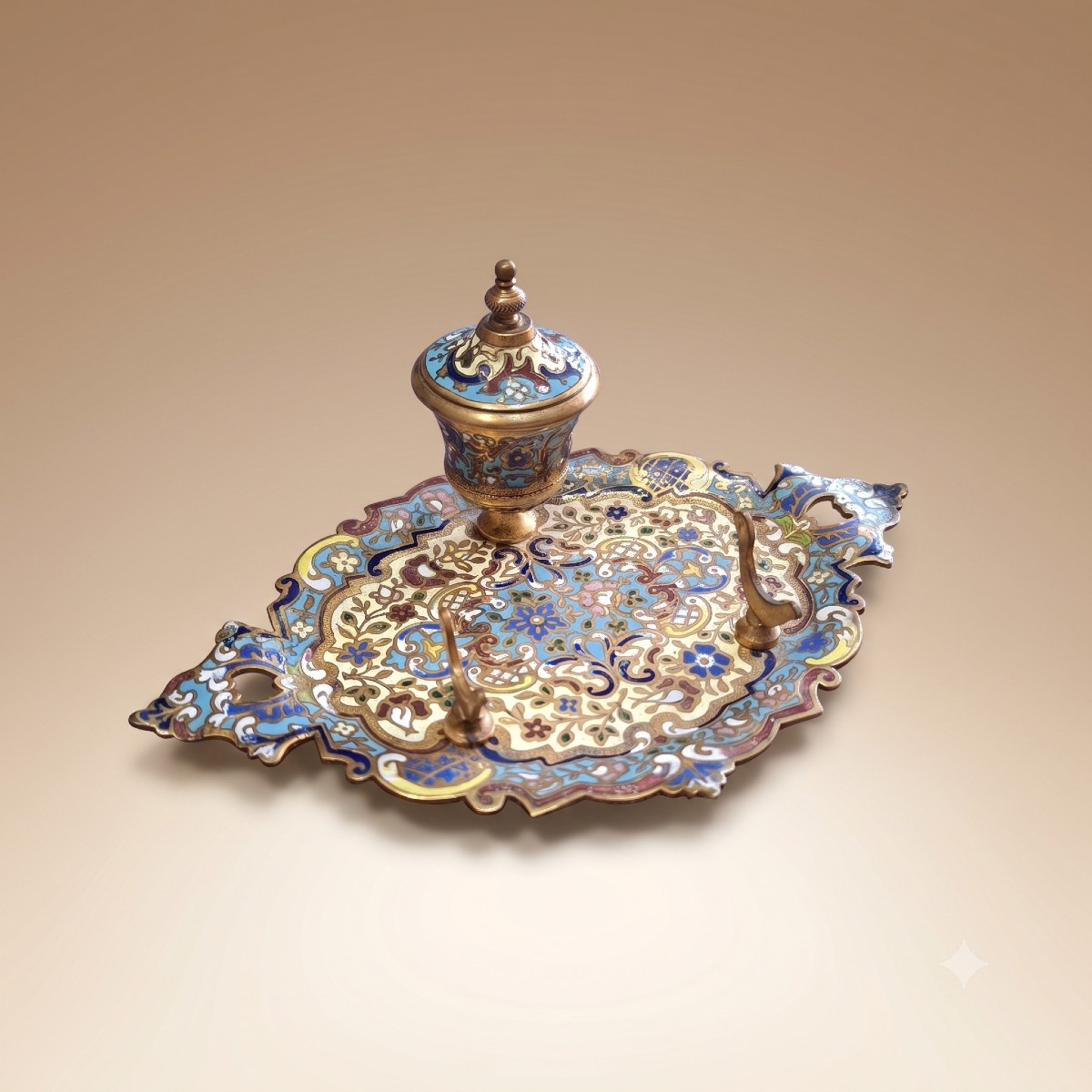 Encrier Porte-Plume Napoléon III En Émaux Cloisonnés, Champlevés – XIXe Siècle Bronze doré.-photo-1