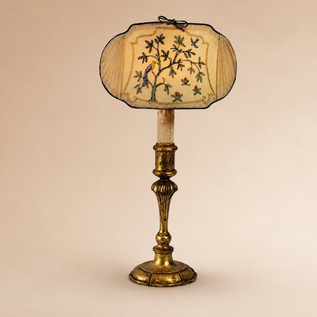 Boudoir Lampe Chevet Table Sans Fil Années 1920 - Bois Doré & Abat-jour écran En Tulle Brodé