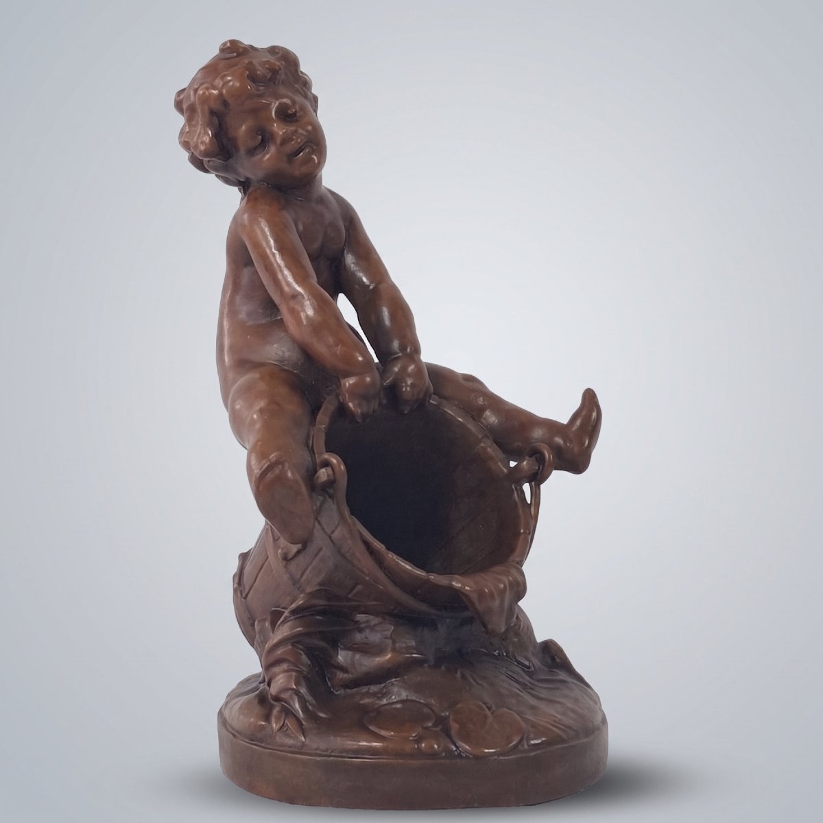 pyrogène Art Nouveau chérubin, ange – Attribué à Auguste Moreau, vers 1900, régule patiné.-photo-4