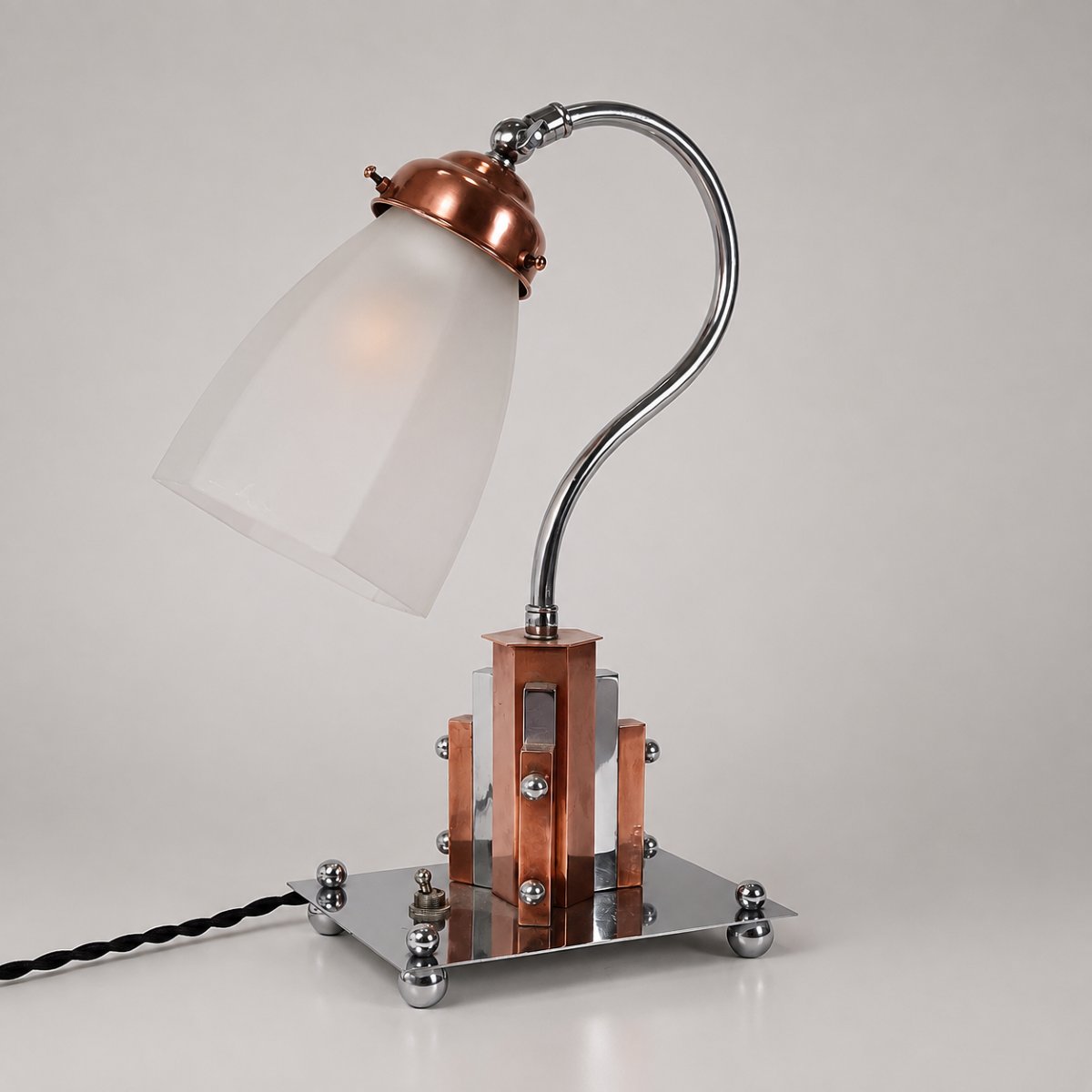 lampe de bureau Moderniste Art déco « Skyscraper », cuivre poli et laiton chromé circa 1930-40-photo-2