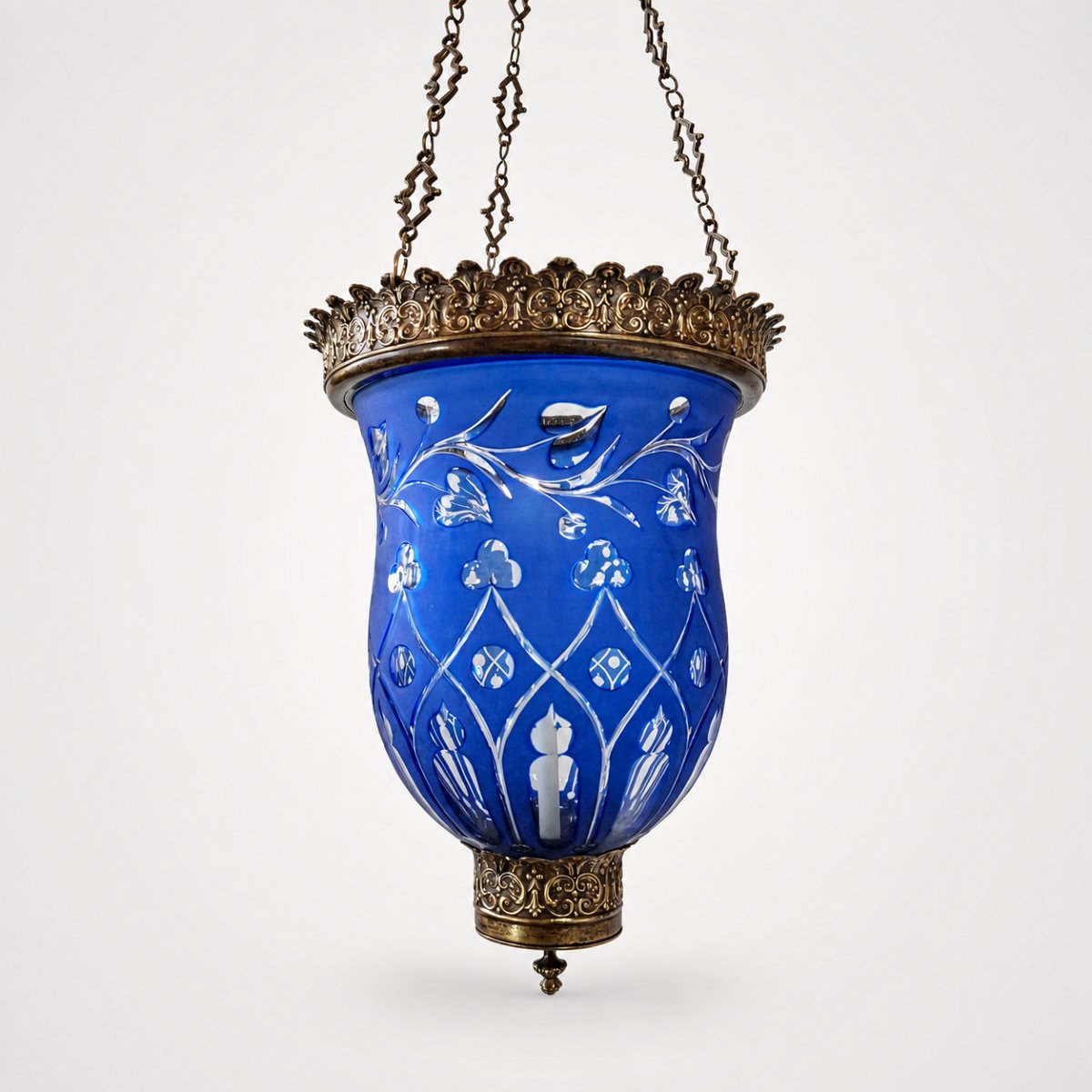 Cobalt-blue Cut Bohemian Crystal Hallway Lantern, 19th Century, Bronze & Brass-photo-2
