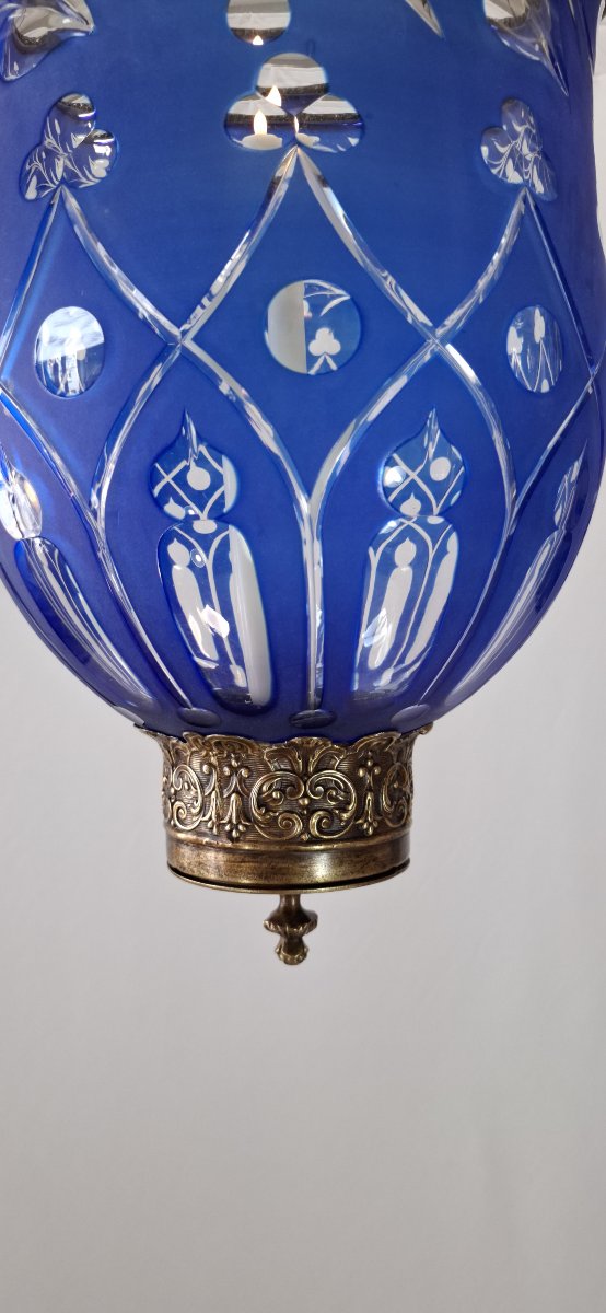 Cobalt-blue Cut Bohemian Crystal Hallway Lantern, 19th Century, Bronze & Brass-photo-3