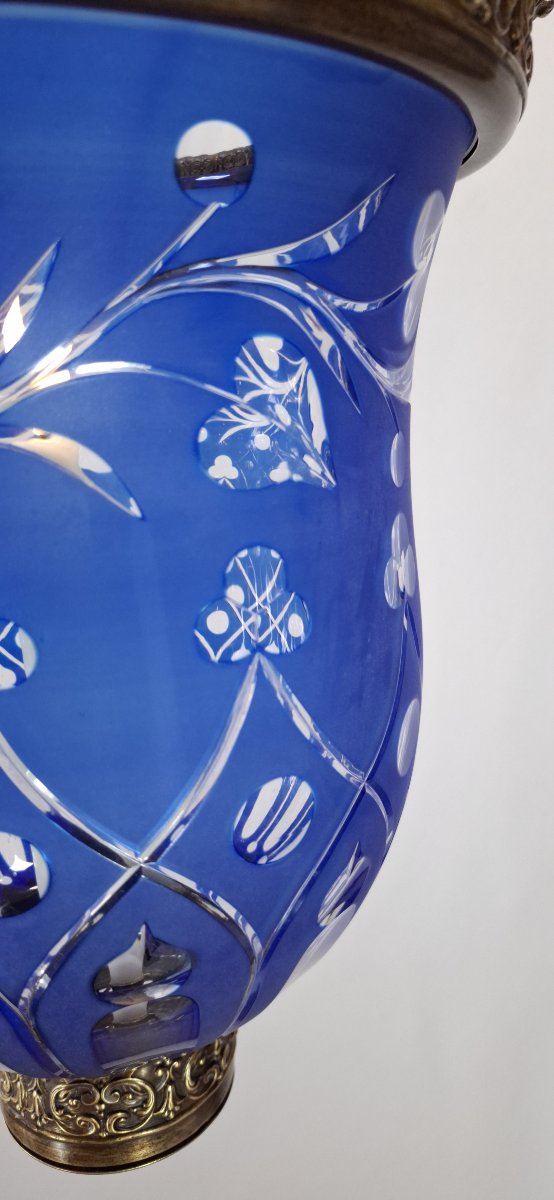 Cobalt-blue Cut Bohemian Crystal Hallway Lantern, 19th Century, Bronze & Brass-photo-4