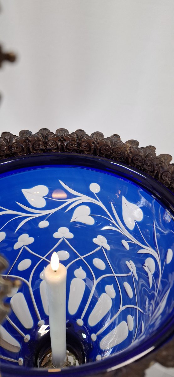 Cobalt-blue Cut Bohemian Crystal Hallway Lantern, 19th Century, Bronze & Brass-photo-1