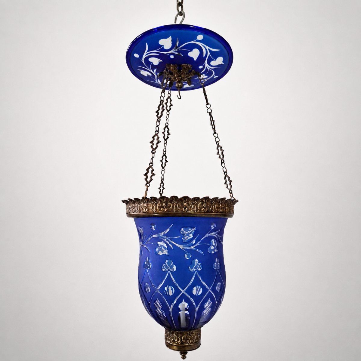 Cobalt-blue Cut Bohemian Crystal Hallway Lantern, 19th Century, Bronze & Brass