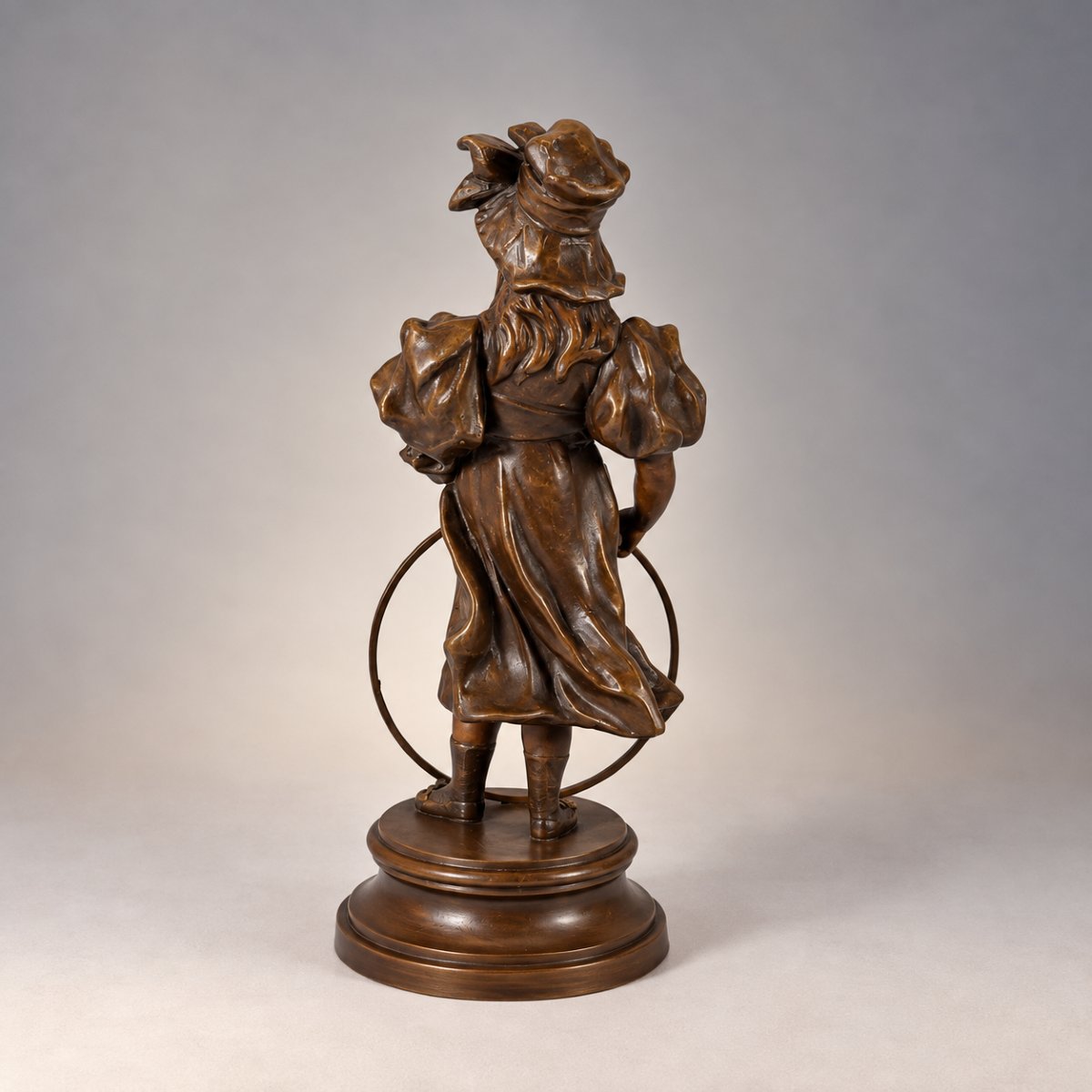 Anton Nelson – “children At Play, Girl With A Hoop” – Art Nouveau Sculpture In Patinated Bronze-photo-3