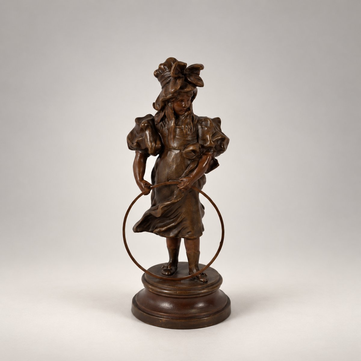 Anton Nelson – “children At Play, Girl With A Hoop” – Art Nouveau Sculpture In Patinated Bronze-photo-4
