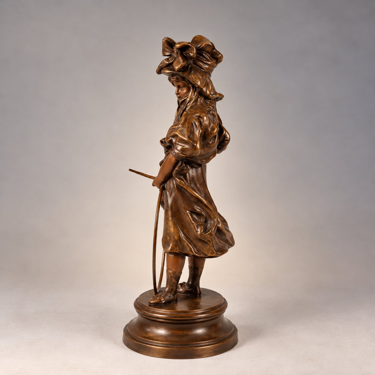 Anton Nelson – “children At Play, Girl With A Hoop” – Art Nouveau Sculpture In Patinated Bronze-photo-2