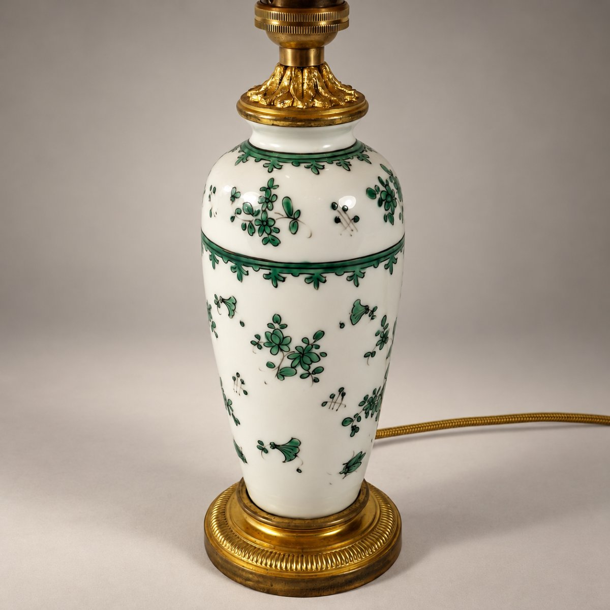 White Porcelain Lamp With Green Floral Decoration And A Gilded Bronze Frame – Circa 1910–1930-photo-1