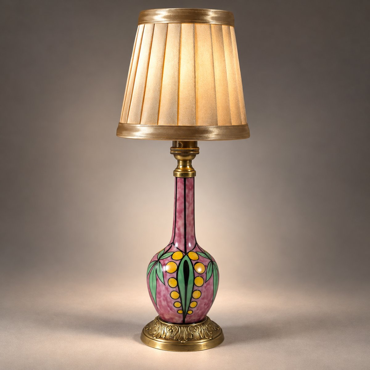 Lampe en porcelaine à décor floral sur fond rose, Transition Art nouveau / Art déco, vers 1920 -photo-2