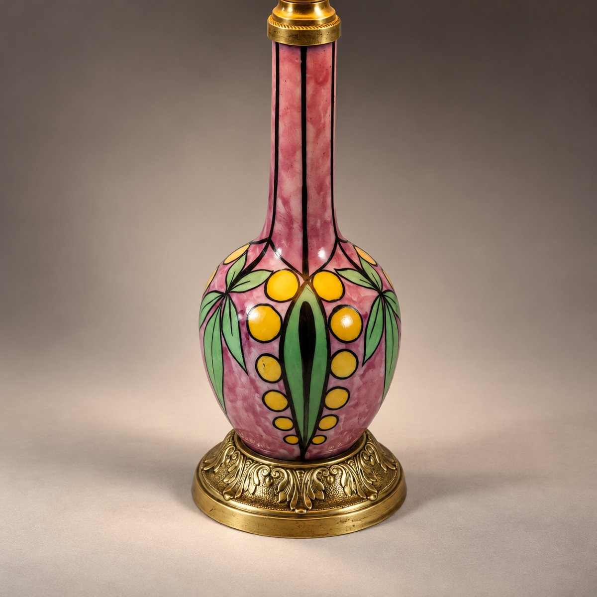 Lampe en porcelaine à décor floral sur fond rose, Transition Art nouveau / Art déco, vers 1920 -photo-3