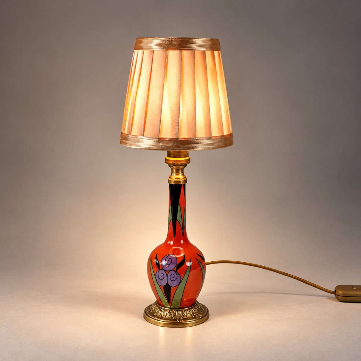 Lampe en porcelaine à décor floral, Fond orange – Transition Art nouveau / Art déco, vers 1920-photo-2