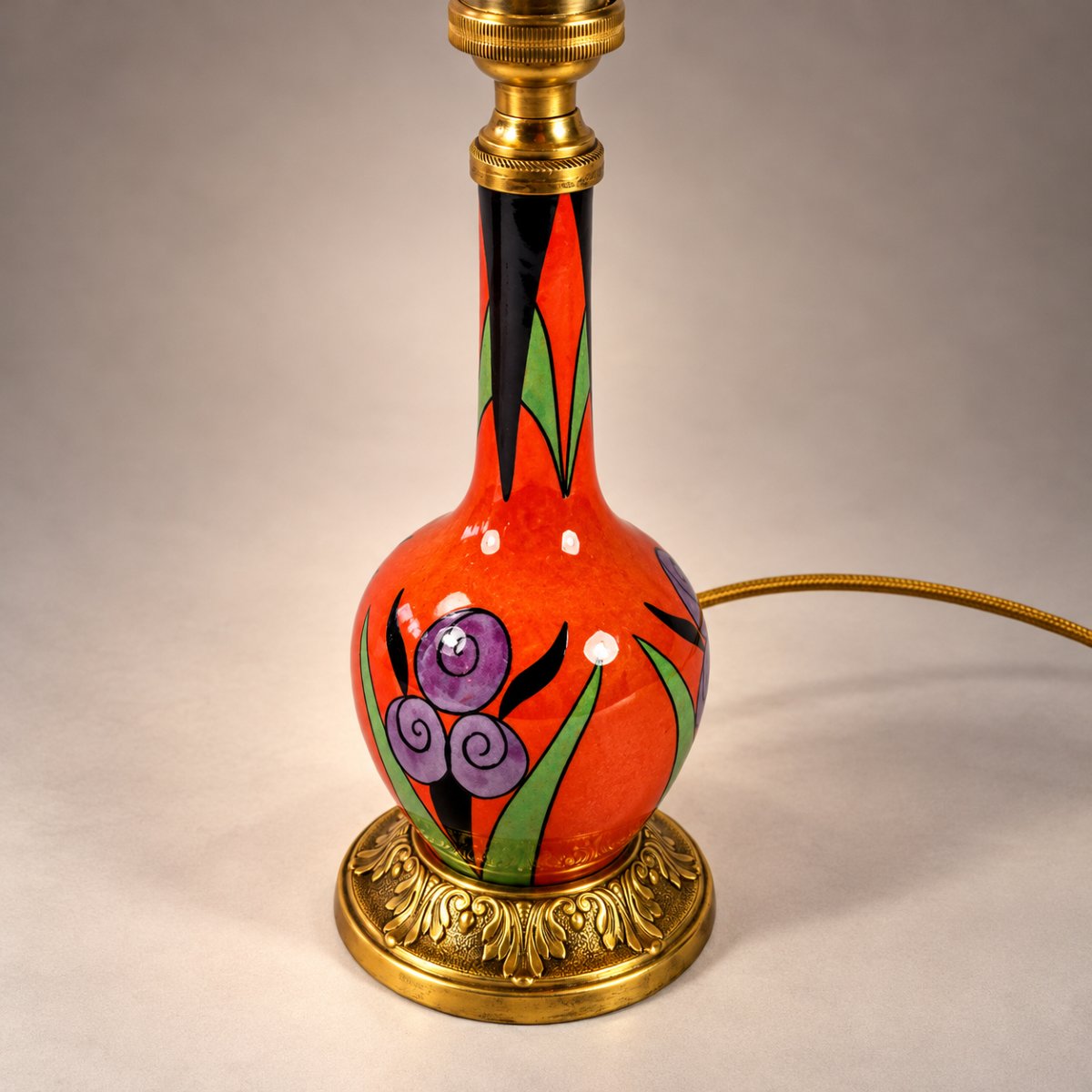 Lampe en porcelaine à décor floral, Fond orange – Transition Art nouveau / Art déco, vers 1920-photo-3