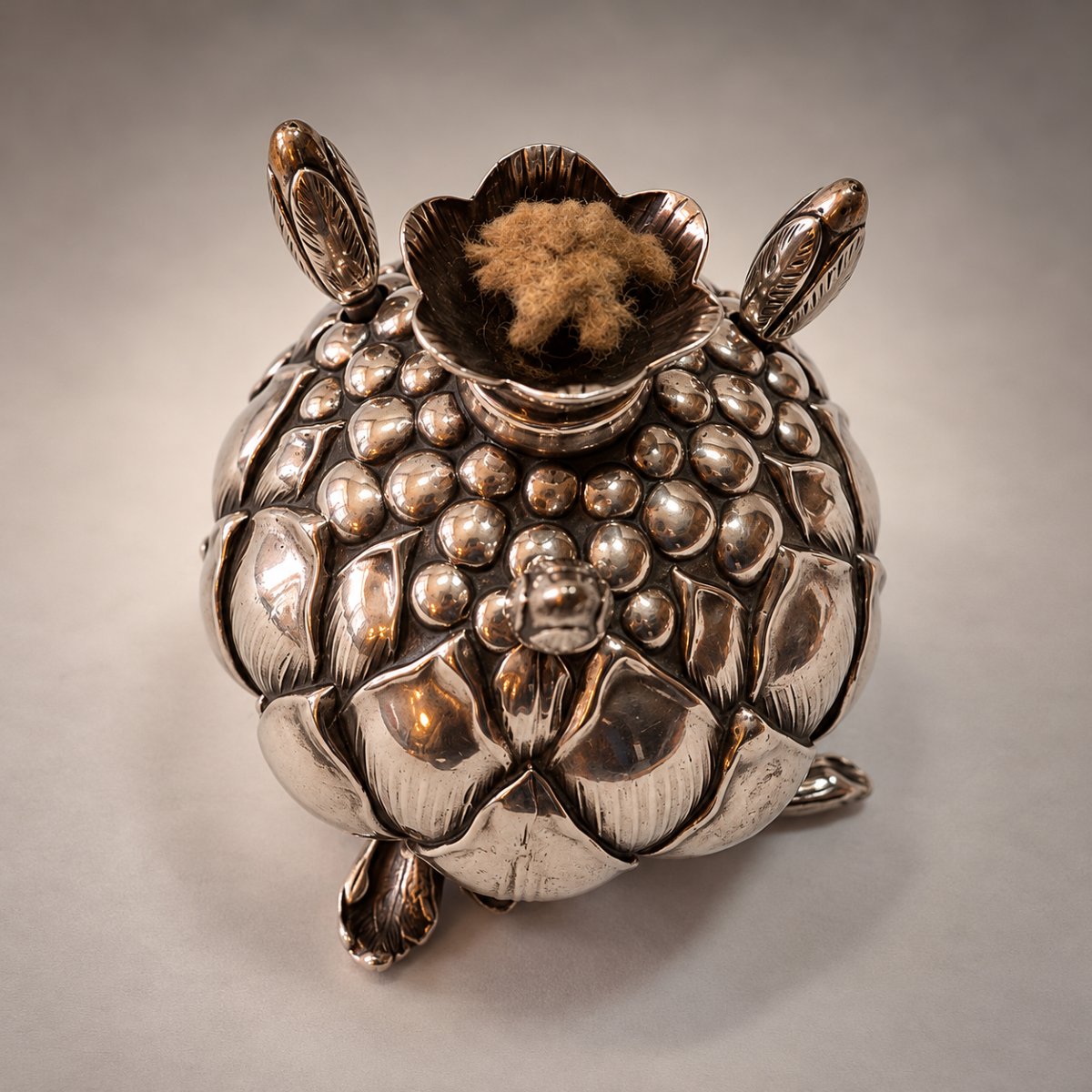 Solid Silver Smoking Lamp, Art Nouveau Artichoke Design, Circa 1900, English, Naturalist Style-photo-2