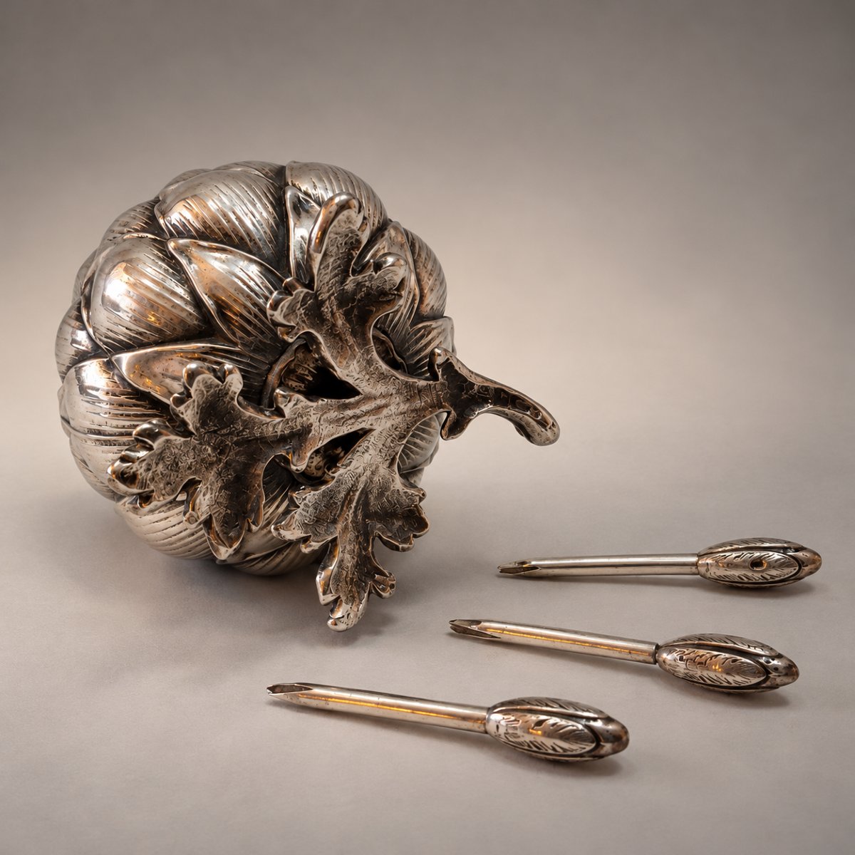 Solid Silver Smoking Lamp, Art Nouveau Artichoke Design, Circa 1900, English, Naturalist Style-photo-4