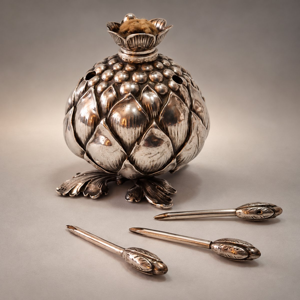 Solid Silver Smoking Lamp, Art Nouveau Artichoke Design, Circa 1900, English, Naturalist Style-photo-1