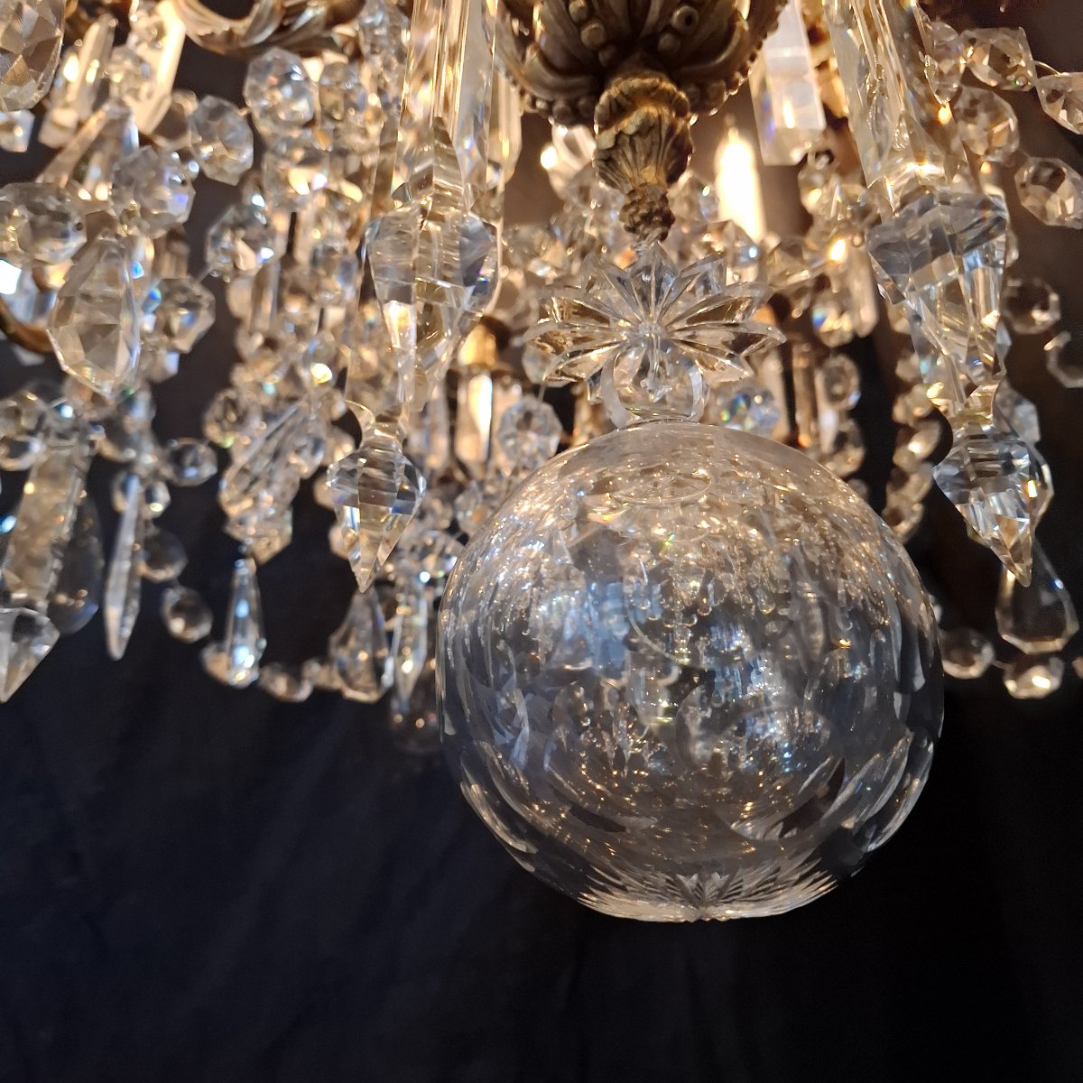 Lustre en bronze doré et cristal de Baccarat, 20 lumières, Vers 1900, Restauré aux Normes-photo-3