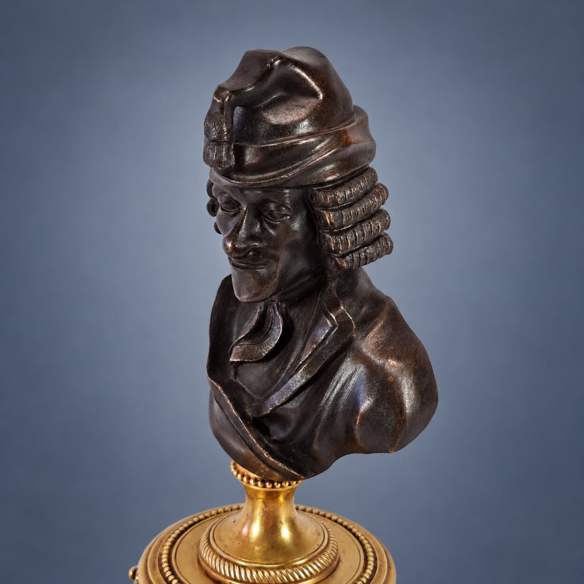 Pair Of Busts Of Voltaire And Rousseau In Patinated Bronze, Marble, And Knurled Brass – Late 18th Century -photo-3