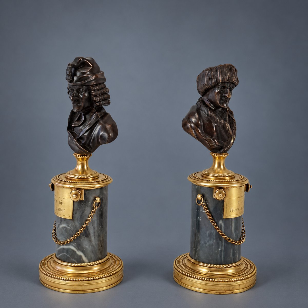 Pair Of Busts Of Voltaire And Rousseau In Patinated Bronze, Marble, And Knurled Brass – Late 18th Century -photo-2