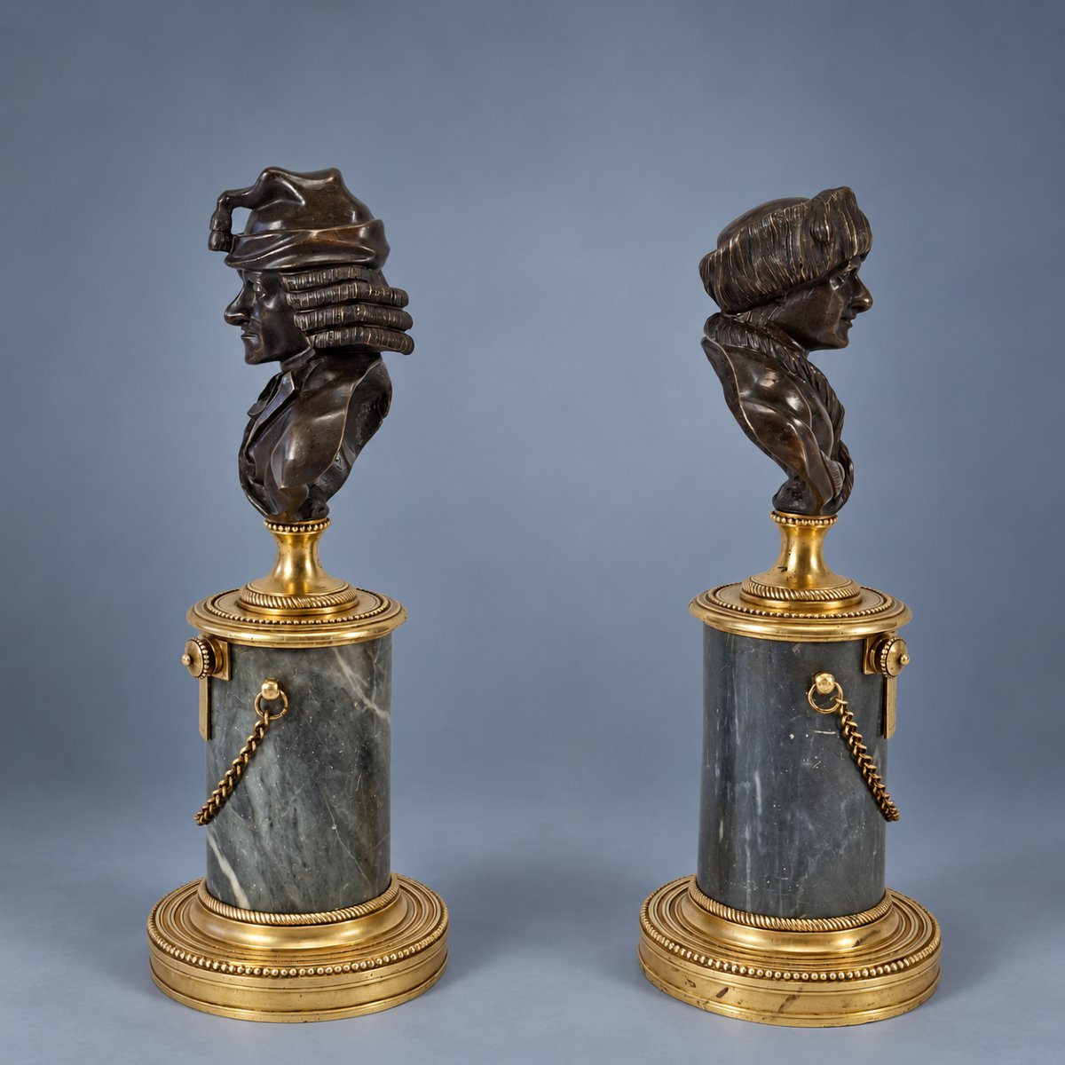 Pair Of Busts Of Voltaire And Rousseau In Patinated Bronze, Marble, And Knurled Brass – Late 18th Century -photo-4